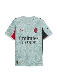 Vaaleansininen jalkapallopaita, jossa on abstrakti kuvio, mustat ja punaiset korostukset, mustat hihat ja etuosassa logo, jossa lukee "Emirates FLY BETTER".