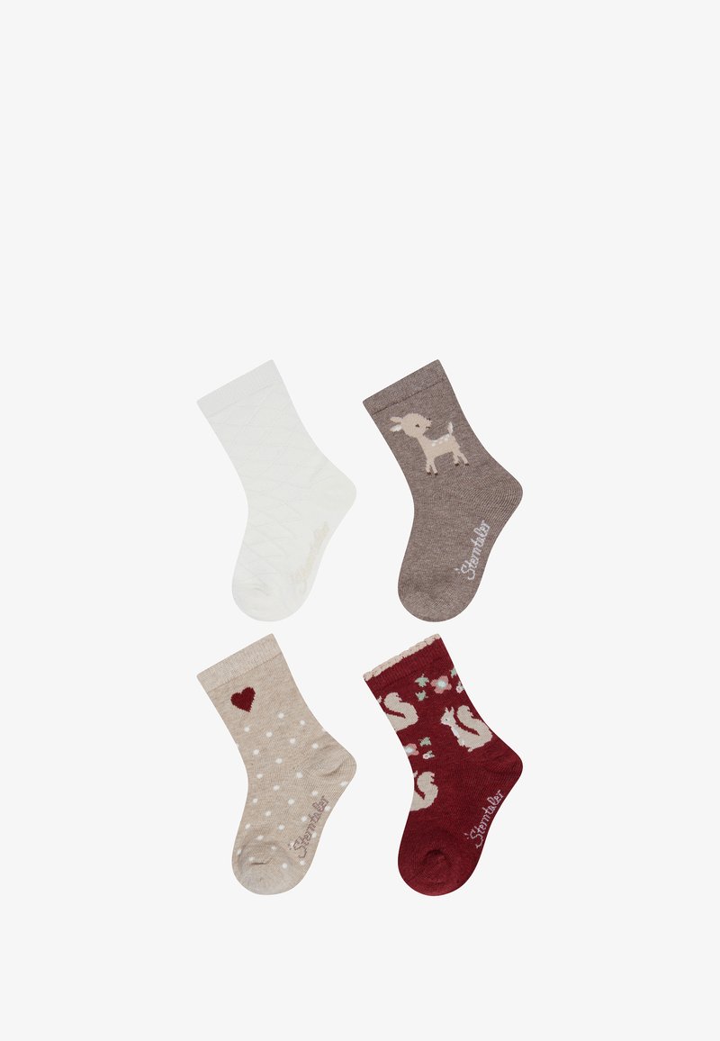 Four pairs of socks: white with a quilted pattern, brown with a deer, beige with polka dots and a heart, red with squirrels and flowers.