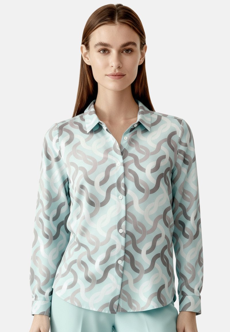 Long-sleeve button-up shirt in mint and light gray featuring a swirling chain pattern, made of smooth, lightweight fabric.