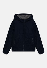 Marineblaue Puffjacke mit Kapuze, Reißverschluss vorne und zwei seitlichen Reißverschlusstaschen. Strukturiere Oberfläche mit horizontalen Steppnähten und einem weichen grauen Futter.