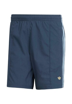 Shorts de culoare albastru închis cu un elastic la talie, având dungi albastre deschise pe laturi și un logo mic auriu în față.