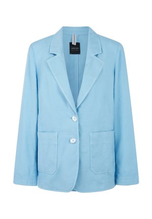 Light blue blazer with two white buttons, wide lapels, and two front patch pockets, displayed on a white background.