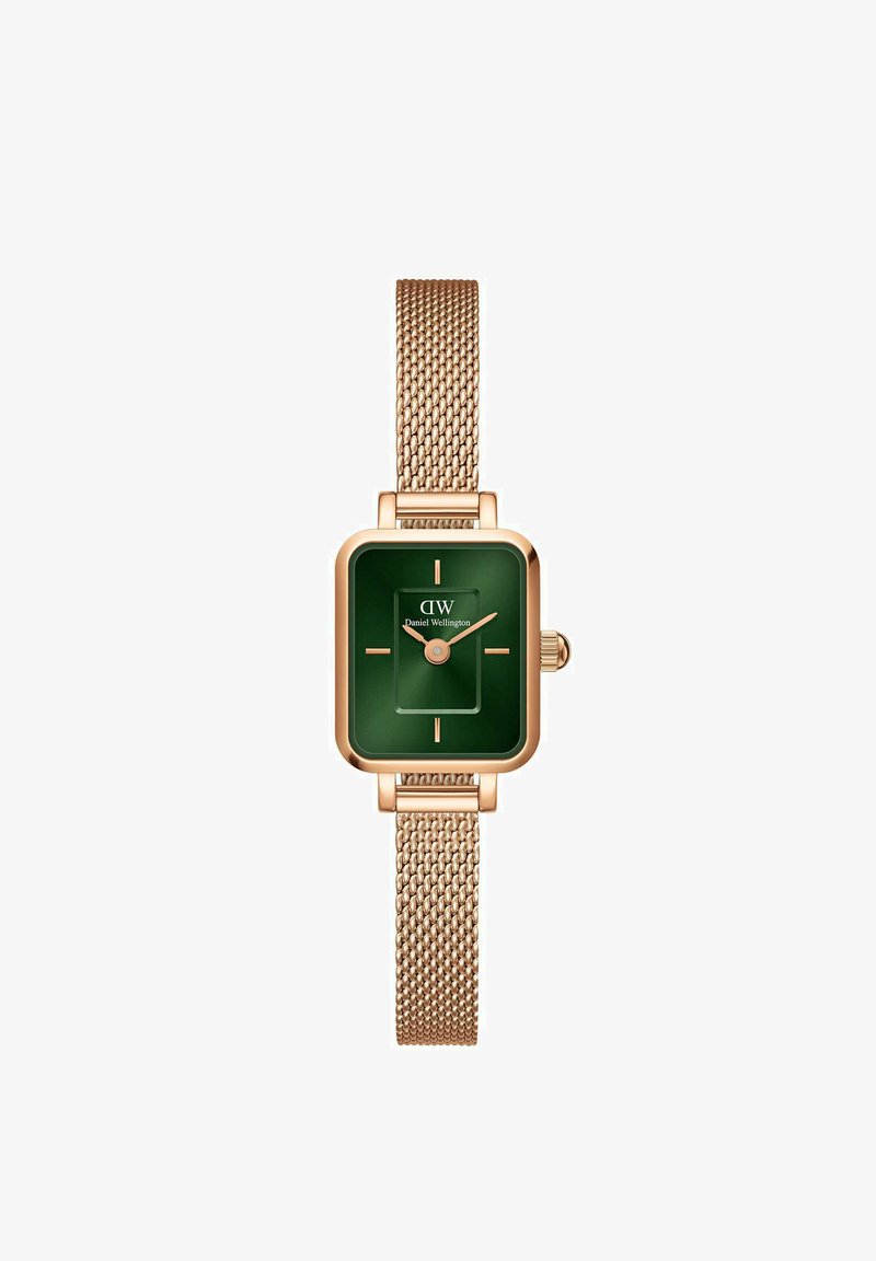Grüner rechteckiger Uhr mit goldener Mesh-Armband, ausgestattet mit einem minimalistischen Zifferblatt, goldenen Stundenmarkierungen und einer seitlichen Krone für Anpassungen.