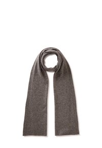 Bufanda de punto gris con una textura suave, que presenta bordes acanalados y una forma larga y rectangular, ideal para envolverse alrededor del cuello.