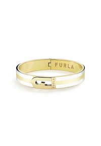 Brățară bangle din metal de culoare aurie, cu dungi albe și aurii, având un închizător cu un logo stilizat în formă de „G”. Finisaj din metal neted și lustruit.