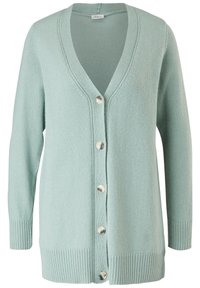 Světle mátově zelený kardigan vyrobený z měkkého pleteného materiálu. Má hluboký výstřih do V, dlouhé rukávy a šest knoflíků s žebrovaným lemem a manžetami.
