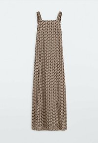Brun mønstret maxikjole med firkantet udskæring og tynde stropper, med et gentaget abstrakt design i en lysere nuance.