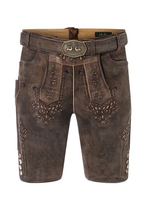 Hochwertige, dunkle braune Lederhosen mit aufwendiger floralem Stickerei, einem Gürtel mit einer Metallschnalle und Seitentaschen. Mit Knopfakzenten an den Beinen.
