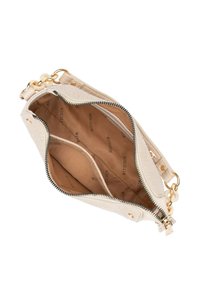 Sac à main beige clair texturé avec un intérieur lisse, quincaillerie dorée, fermeture à glissière et trois compartiments. L'intérieur présente un motif de marque.