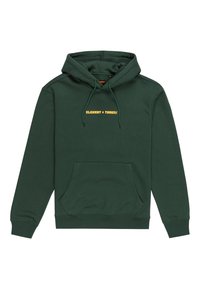 Green hooded sweatshirt with a front pocket. Features yellow text "ELEMENT & TIMBERS!" printed on the chest. Soft cotton material.