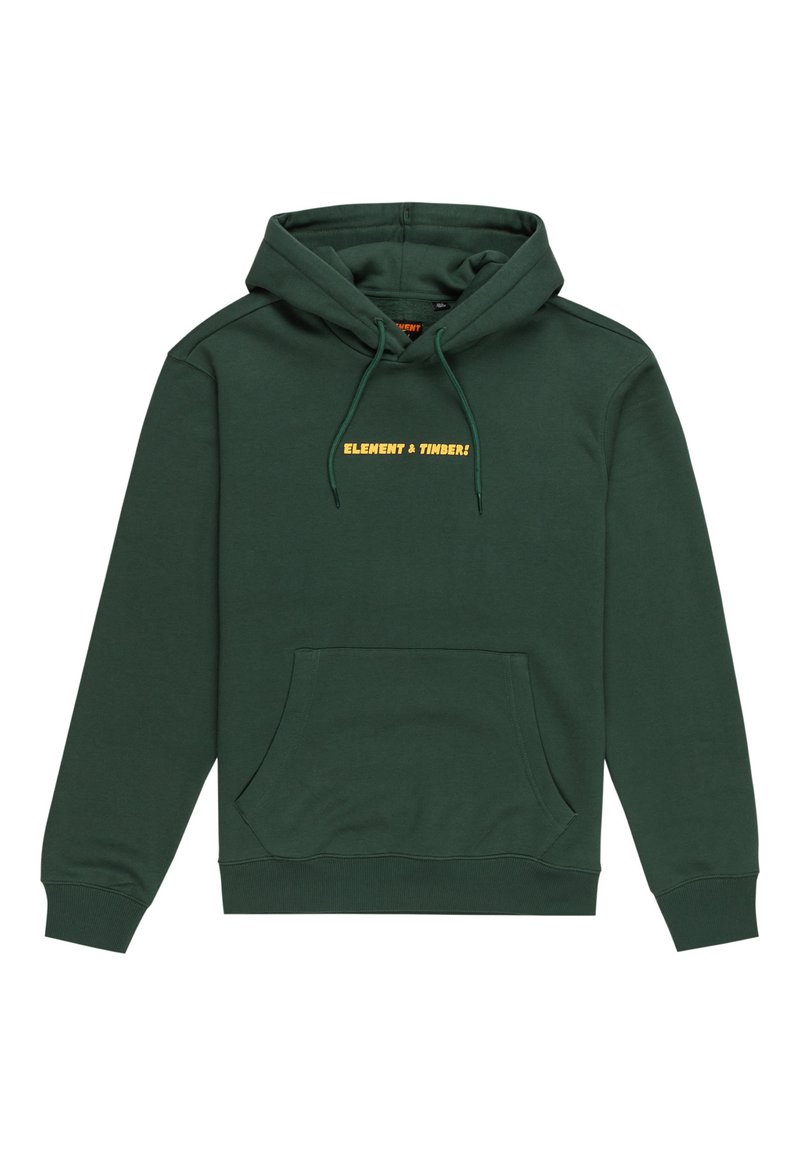 Green hooded sweatshirt with a front pocket. Features yellow text "ELEMENT & TIMBERS!" printed on the chest. Soft cotton material.