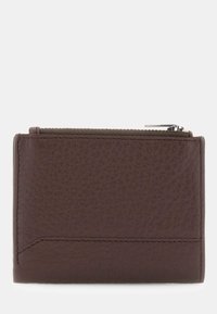 Portafoglio in pelle marrone con scomparto con zip nella parte superiore, superficie testurizzata e dettagli cuciti lungo i bordi e nell'angolo inferiore.