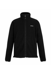 Veste polaire noire à fermeture éclair intégrale avec col montant, poignets élastiques, poches latérales et petit logo blanc Regatta sur la poitrine.