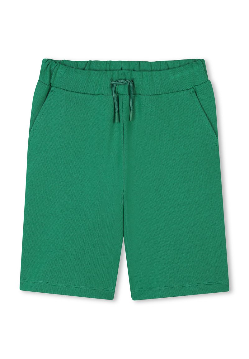 Groene katoenen shorts met een elastische tailleband, een trekkoord en twee zijzakken. Glad textuur, knielang ontwerp.