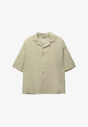 Light green short-sleeve shirt made from linen, featuring a notched collar, button closure, and a relaxed fit. Smooth, textured fabric.