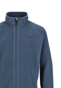 Sininen täysivetoketjullinen fleece-takki, jossa on pystykaulus ja vasemmassa rinnassa brodeerattu "SWEDEMOUNT" -logo.