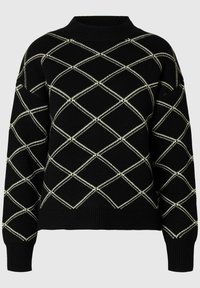 Svart stickad tröja med ett ljusbeige diamantmönster, ribbad hals och ärmslut, med en boxig silhuett och en strukturerad textil.