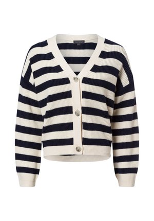 Gestreifter Cardigan in Marineblau und Creme, mit V-Ausschnitt, Knopfverschluss und geripptem Textur. Hat lange Ärmel und eine verkürzte Länge.