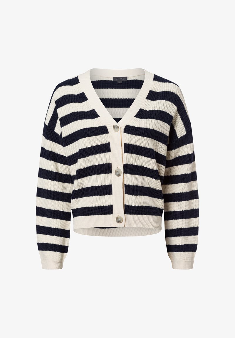 Gestreepte cardigan in marineblauw en crème, met een V-hals, knoopsluiting en ribbeltextuur. Heeft lange mouwen en een cropped lengte.