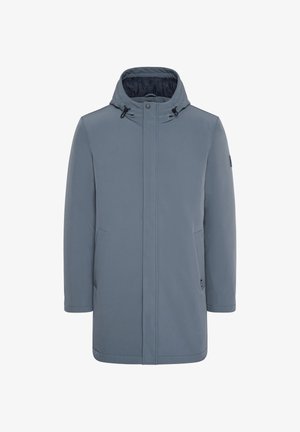 Modra moška zimska jakna s kapuco, sprednjim zadrgo, zapiranjem na snap gumb in stranskimi žepi, prikazana na belem ozadju.