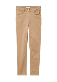 Pantalon slim-fit beige en coton avec une texture lisse, doté d'une fermeture à bouton à l'avant et de deux poches avant. Aucune motif visible.