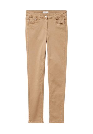 Pantalones slim-fit de color beige, confeccionados en algodón con una textura suave, que cuentan con un cierre frontal de botón y dos bolsillos delanteros. Sin patrones visibles.
