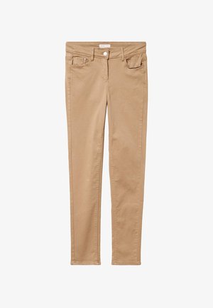 Pantalon slim-fit beige en coton avec une texture lisse, doté d'une fermeture à bouton à l'avant et de deux poches avant. Aucune motif visible.
