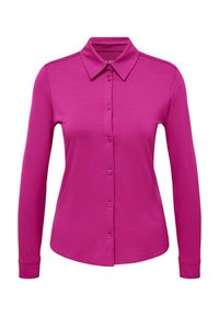 Fuchsia long-sleeve shirt with a pointed collar and button-down front. Smooth texture, with matching buttons along the center.