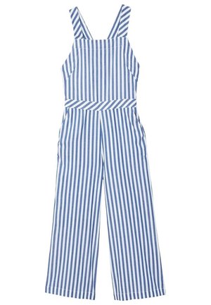 Blå og hvid vertikalt striped ærmeløs jumpsuit med vide ben og firkantet halsudskæring.