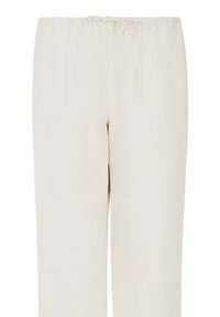 Beige, lichte broek met een ontspannen pasvorm. Voorzien van een elastische tailleband, trekkoord en twee zijzakken. Glad, ademend materiaal.