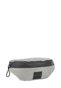 Borsa da toeletta in tessuto grigio con una superficie texturizzata, cerniera impermeabile nera e patch con logo. Forma arrotondata con una costruzione robusta.