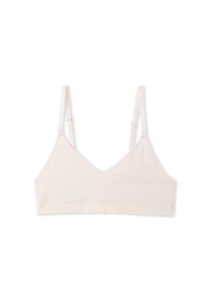 Soutien-gorge rose clair, sans rembourrage, avec un décolleté en V, des bretelles réglables et un tissu doux et extensible. Aucune quincaillerie ni motifs visibles.