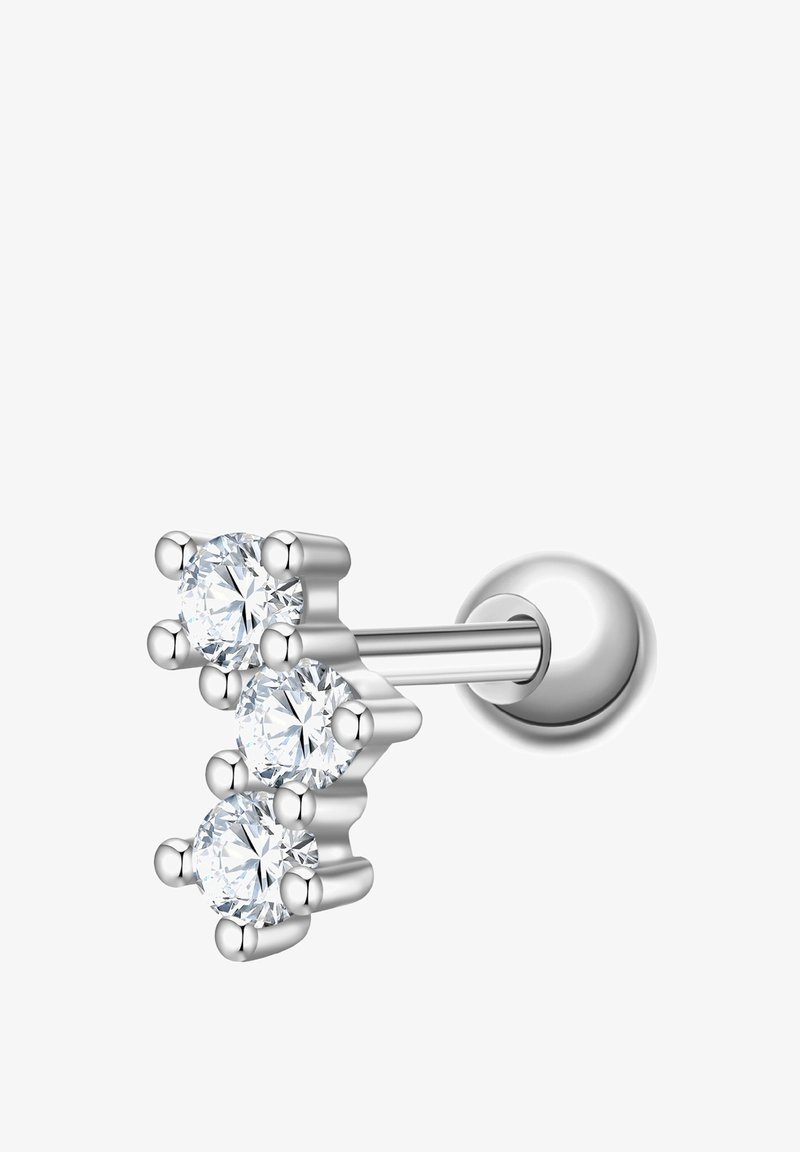 Sudraba studu auskari ar trim apļveida caurspīdīgām kristāliem, sakārtotiem kopā, ar pulētu apdari un gludu kātu.