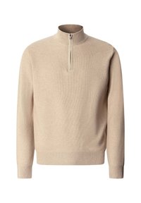 Béžový pletený pulóver so dlhými rukávmi a krátkym predným zipsom siahajúcim od goliera po hrudník.
