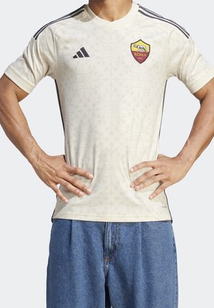 Crème-kleurige Adidas-jersey met een subtiel patroon, zwart accenten, een ronde halslijn en een AS Roma-logo op de borst.