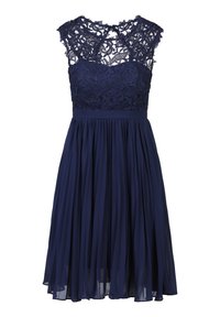 Robe de marine avec un corsage en dentelle à motifs floraux, une taille cintrée et une jupe plissée fluide, fabriquée en tissu léger.