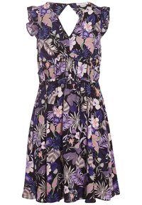 Robe fleurie noire, avec des motifs tropicaux en violet, rose et vert. Manches volantes et décolleté en trou de serrure. Taille élastique.