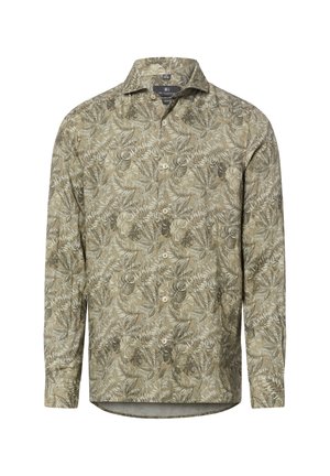 Beżowa koszula na długim rękawie z guzikami, ozdobiona subtelnym wzorem liściastych kwiatów w odcieniach brązu i jasnej zieleni, o dopasowanym kroju i klasycznym kołnierzyku.
