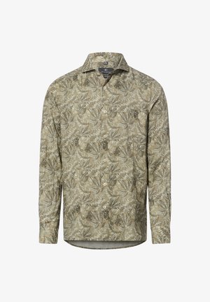 Beiges Hemd mit langen Ärmeln und Knopfleiste, mit dezentem Blatt- und Blumenmuster in Braun- und Hellgrüntönen, figurbetont geschnitten mit klassischem Kragen.