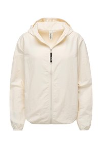 Lett, kremfarget glidelåsjakke med hette, med elastiske mansjetter og et minimalistisk design, laget av teksturert stoff.