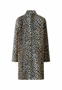 Leopardmuster Mantel mit Kragen, der eine Mischung aus Schwarz, Beige und Cremefarben aufweist, mit geradem Schnitt und Dreiviertelärmeln.