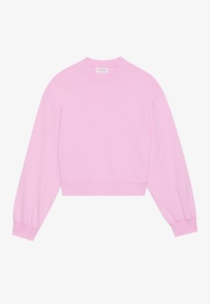 Pink cropped sweatshirt with long, slightly puffed sleeves, ribbed cuffs, and crew neckline made from a soft, textured fabric.
