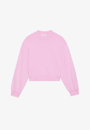 Sweatshirt scurt roz, cu mâneci lungi ușor bufante, manșete ribelate și decupaj la gât, realizat dintr-un material moale, texturat.