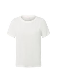 Effen witte T-shirt met korte mouwen en ronde hals, weergegeven tegen een witte achtergrond, vooraanzicht.