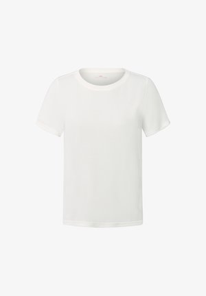 Effen witte T-shirt met korte mouwen en ronde hals, weergegeven tegen een witte achtergrond, vooraanzicht.