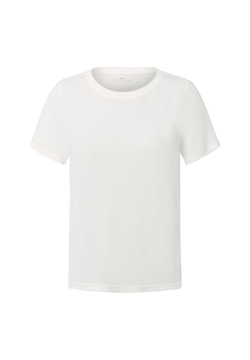 Effen witte T-shirt met korte mouwen en ronde hals, weergegeven tegen een witte achtergrond, vooraanzicht.