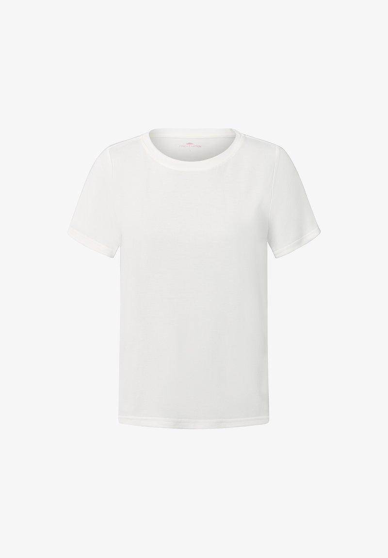 Effen witte T-shirt met korte mouwen en ronde hals, weergegeven tegen een witte achtergrond, vooraanzicht.