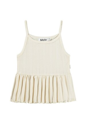 Top sin mangas color crema con textura acanalada, que presenta un dobladillo plisado. Escote redondo y tirantes ajustables. Etiqueta de la marca visible en el interior.