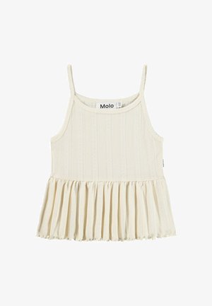 Top sin mangas color crema con textura acanalada, que presenta un dobladillo plisado. Escote redondo y tirantes ajustables. Etiqueta de la marca visible en el interior.