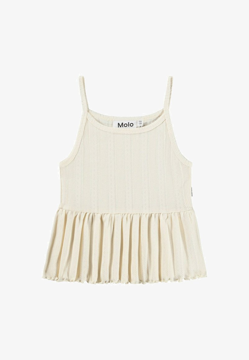 Haut sans manches couleur crème avec texture côtelée, présentant un bas plissé. Encolure arrondie et bretelles réglables. Étiquette de la marque visible à l'intérieur.